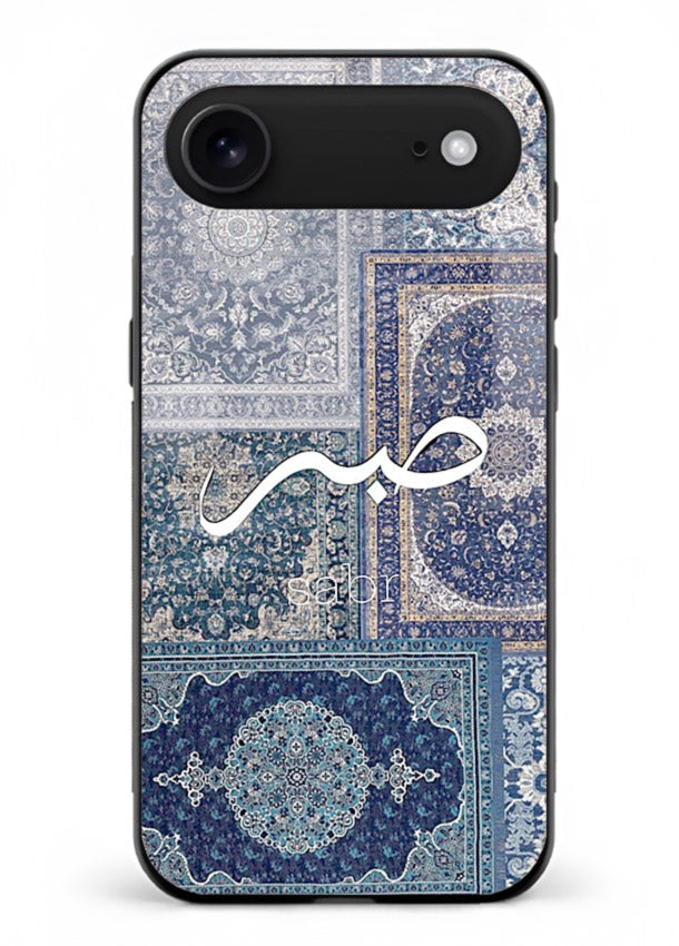 Blue Arabic script artwork printed on premium tempered glass iPhone 17 Air back cover
