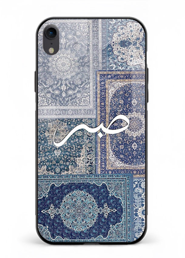 Blue Arabic script artwork printed on premium tempered glass iPhone XR back cover