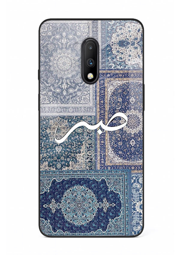 Blue Arabic script artwork printed on premium tempered glass OnePlus 7 back cover