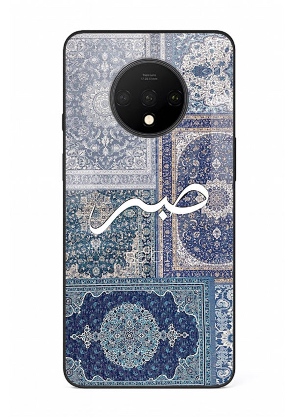 Blue Arabic script artwork printed on premium tempered glass OnePlus 7T back cover