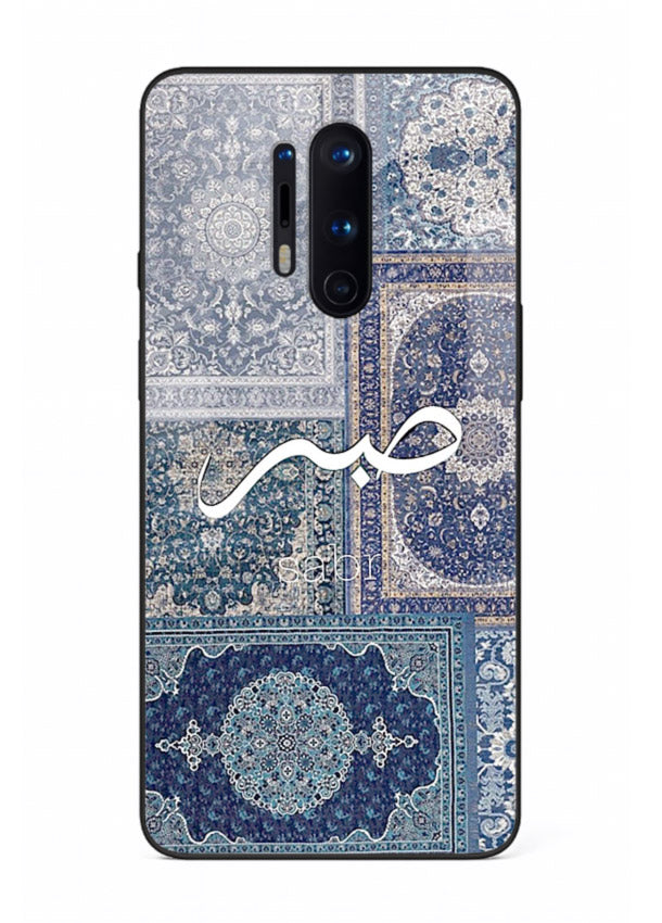 Blue Arabic script artwork printed on premium tempered glass OnePlus 8 Pro back cover