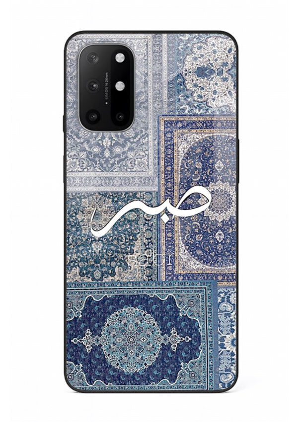 Blue Arabic script artwork printed on premium tempered glass OnePlus 8T back cover