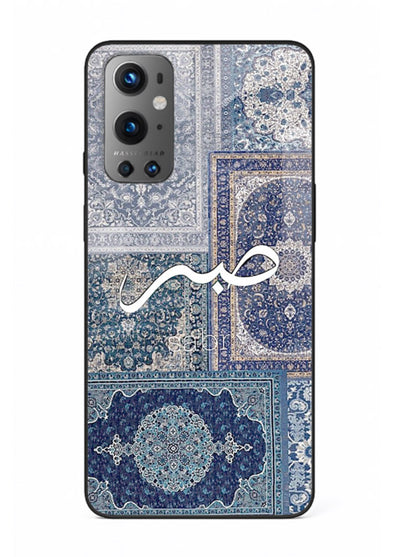 Blue Arabic script artwork printed on premium tempered glass OnePlus 9 back cover