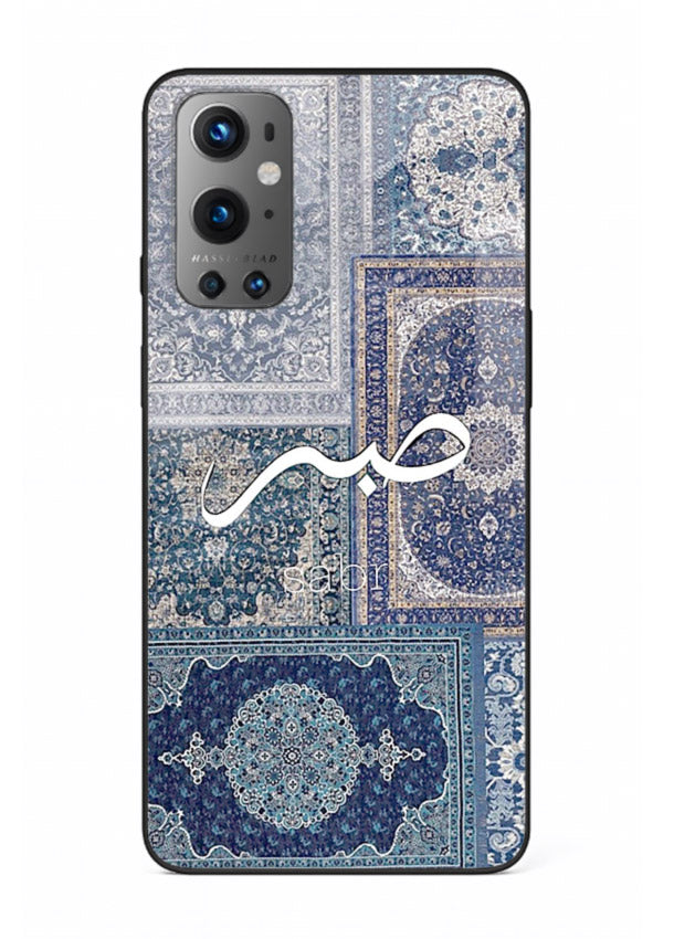 Blue Arabic script artwork printed on premium tempered glass OnePlus 9 back cover