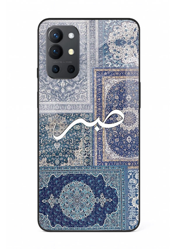 Blue Arabic script artwork printed on premium tempered glass OnePlus 9R back cover