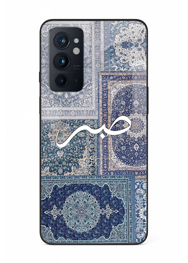 Blue Arabic script artwork printed on premium tempered glass OnePlus 9RT back cover