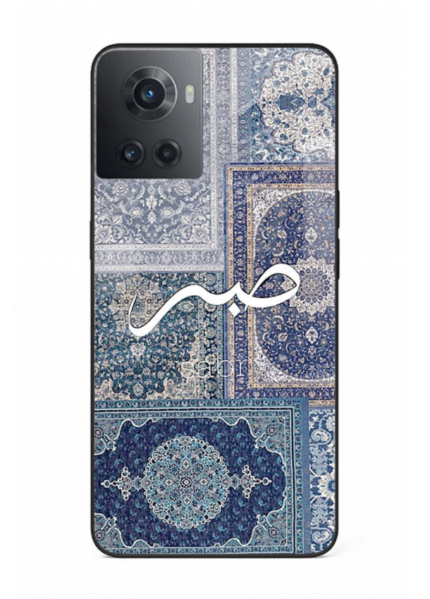 Blue Arabic script artwork printed on premium tempered glass OnePlus 10R back cover