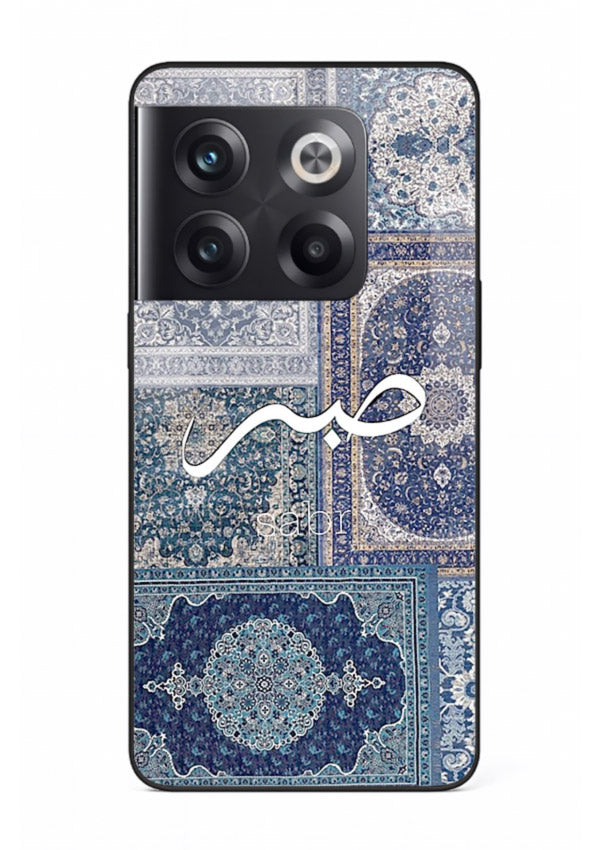 Blue Arabic script artwork printed on premium tempered glass OnePlus 10T back cover