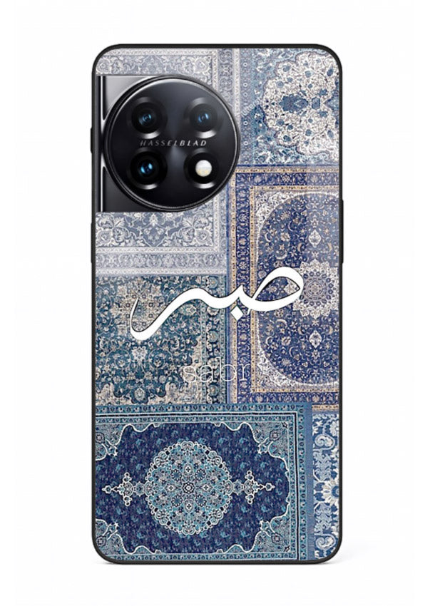 Blue Arabic script artwork printed on premium tempered glass OnePlus 11 back cover