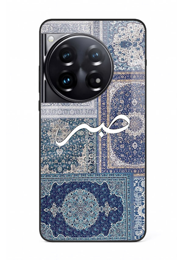Blue Arabic script artwork printed on premium tempered glass OnePlus 12 back cover