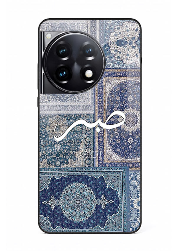 Blue Arabic script artwork printed on premium tempered glass OnePlus 12R back cover