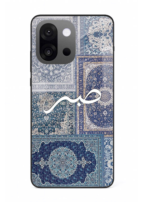 Blue Arabic script artwork printed on premium tempered glass OnePlus 13s back cover