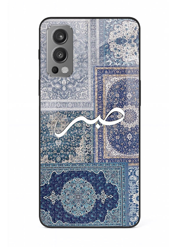 Blue Arabic script artwork printed on premium tempered glass OnePlus Nord 2 back cover