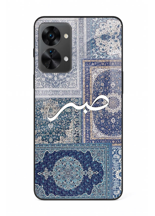 Blue Arabic script artwork printed on premium tempered glass OnePlus Nord 2T back cover