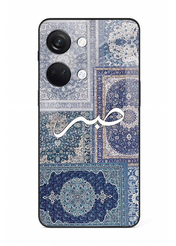 Blue Arabic script artwork printed on premium tempered glass OnePlus Nord 3 back cover