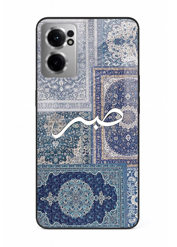 Blue Arabic script artwork printed on premium tempered glass OnePlus Nord CE2 5G back cover