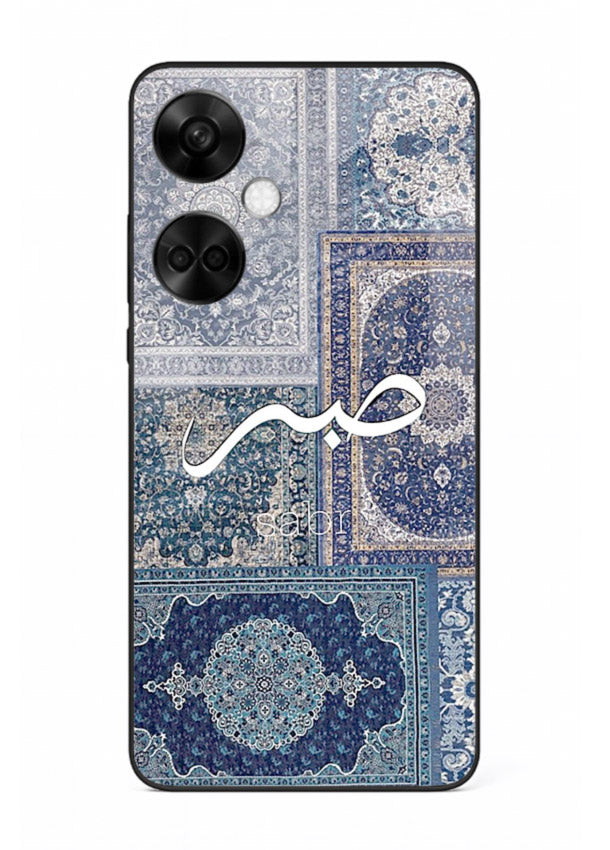 Blue Arabic script artwork printed on premium tempered glass OnePlus Nord CE3 back cover