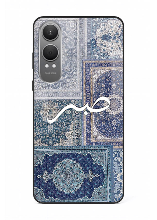 Blue Arabic script artwork printed on premium tempered glass OnePlus Nord CE4 Lite back cover