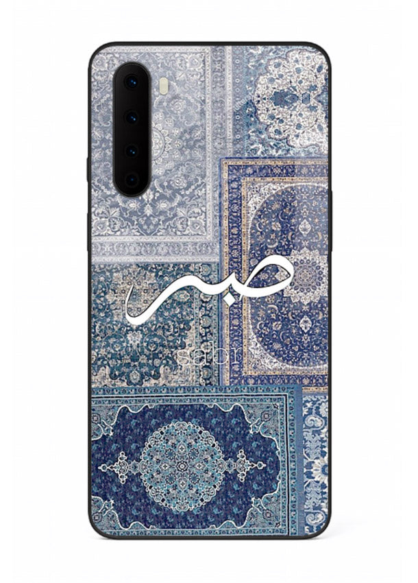 Blue Arabic script artwork printed on premium tempered glass OnePlus Nord back cover