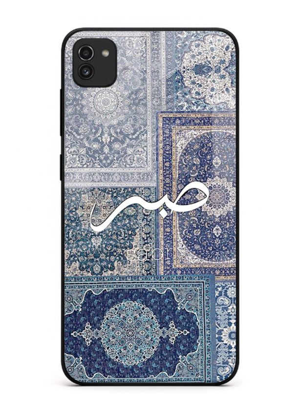 Blue Arabic script artwork printed on premium tempered glass Samsung A03 back cover