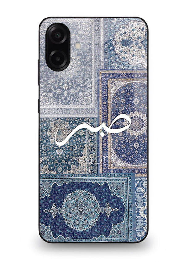 Blue Arabic script artwork printed on premium tempered glass Samsung A06 5G back cover