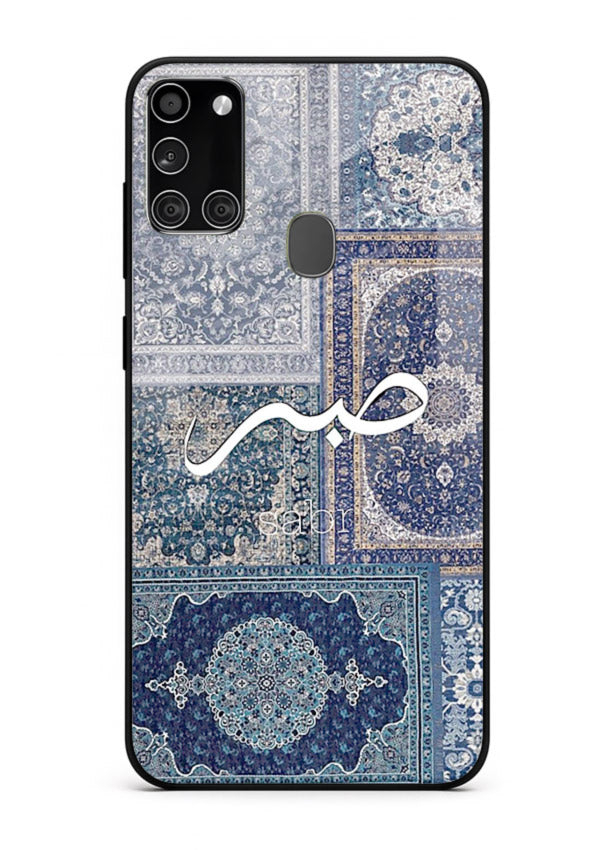 Blue Arabic script artwork printed on premium tempered glass Samsung A21s back cover