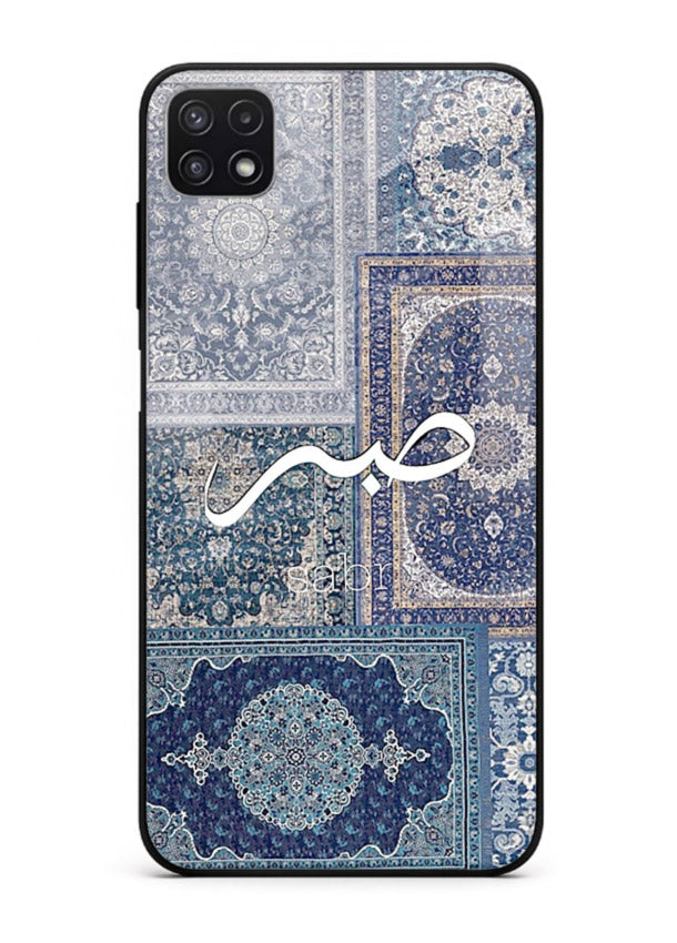 Blue Arabic script artwork printed on premium tempered glass Samsung F42 5G back cover