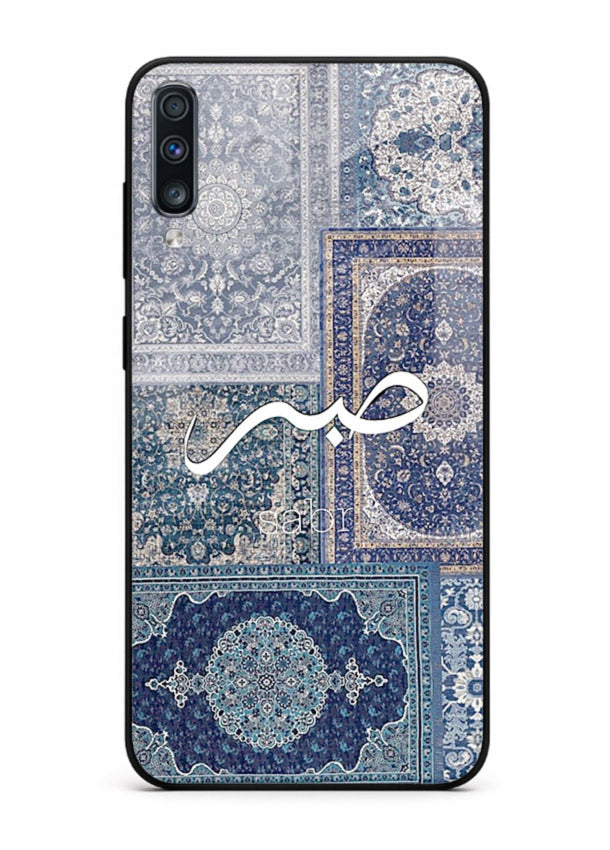 Blue Arabic script artwork printed on premium tempered glass Samsung A50 back cover