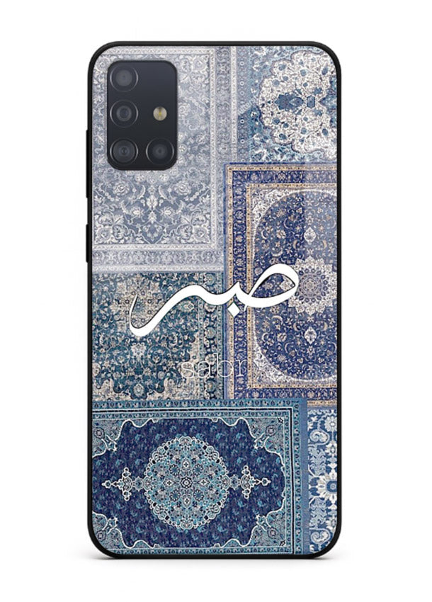 Blue Arabic script artwork printed on premium tempered glass Samsung A51 back cover