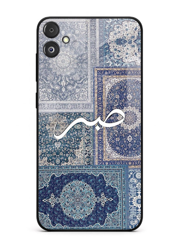 Blue Arabic script artwork printed on premium tempered glass Samsung F14 5G back cover