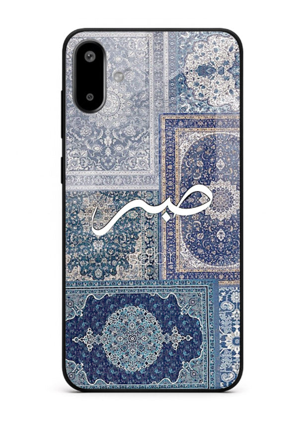 Blue Arabic script artwork printed on premium tempered glass Samsung F06 5G back cover