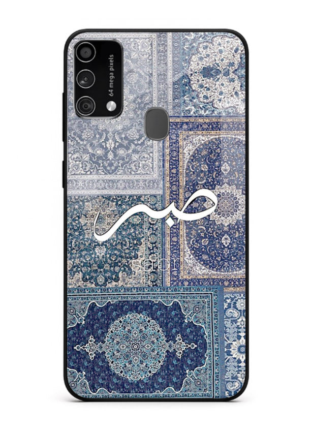 Blue Arabic script artwork printed on premium tempered glass Samsung F41 back cover