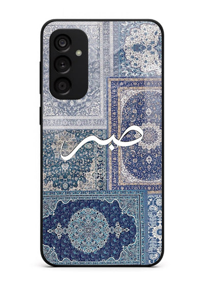 Blue Arabic script artwork printed on premium tempered glass Samsung A14 5G back cover