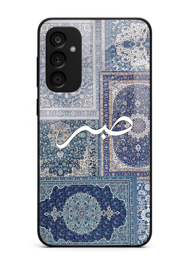 Blue Arabic script artwork printed on premium tempered glass Samsung A14 5G back cover