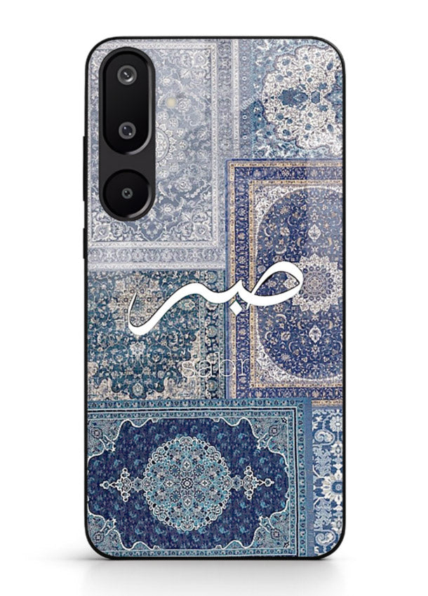 Blue Arabic script artwork printed on premium tempered glass Samsung M16 5G back cover