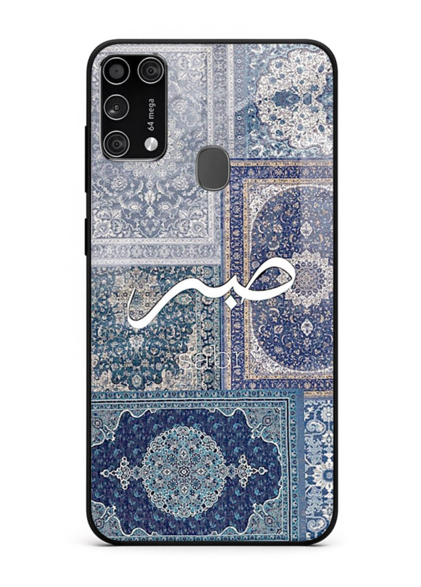 Blue Arabic script artwork printed on premium tempered glass Samsung M31 back cover