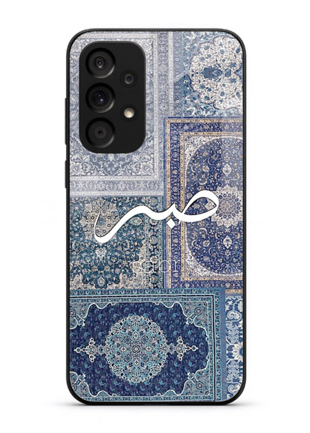 Blue Arabic script artwork printed on premium tempered glass Samsung A33 5G back cover