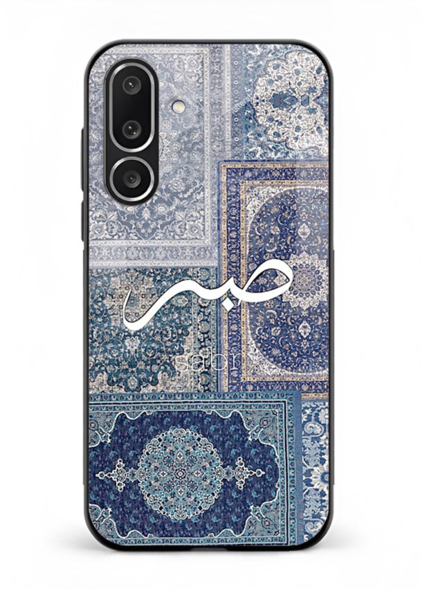 Blue Arabic script artwork printed on premium tempered glass Samsung F56 5G back cover