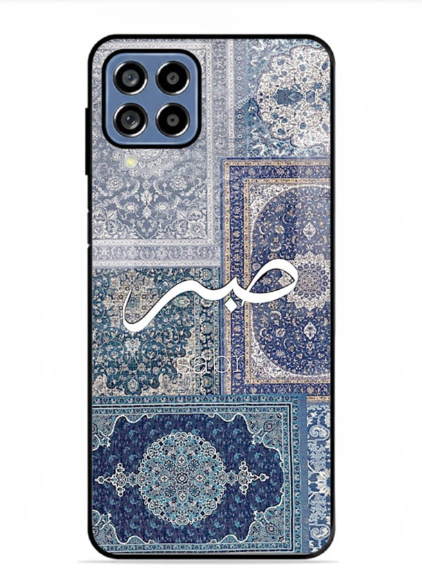 Blue Arabic script artwork printed on premium tempered glass Samsung A22 4G back cover