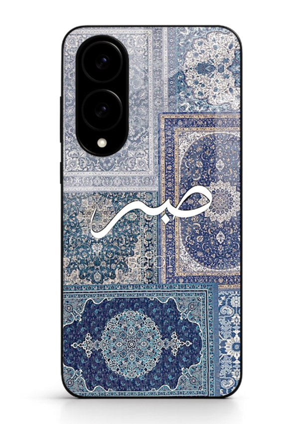 Blue Arabic script artwork printed on premium tempered glass Samsung S25 Edge back cover