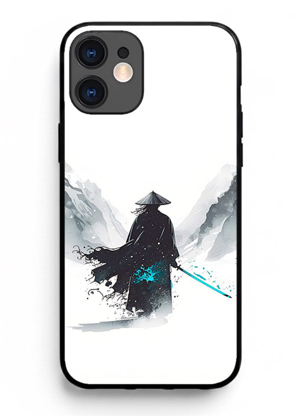 samurai snow blade white blue art iphone 12 glass cover winter warrior case