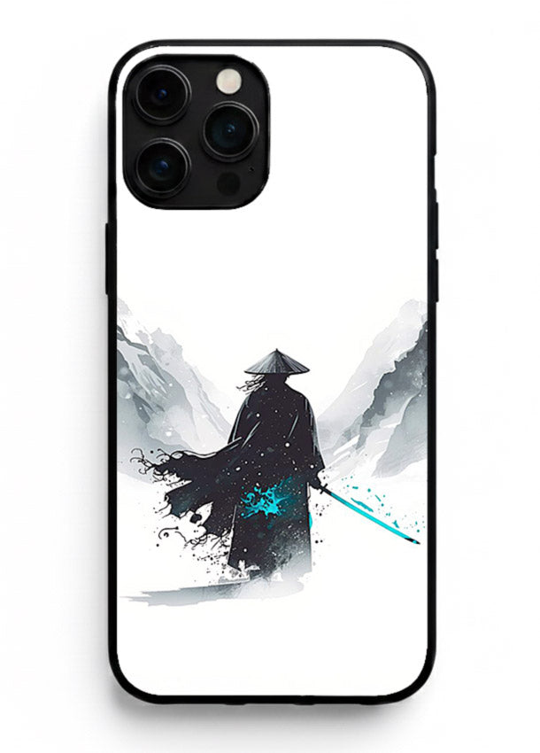 samurai snow blade white blue art iphone 16 pro max glass cover winter warrior case