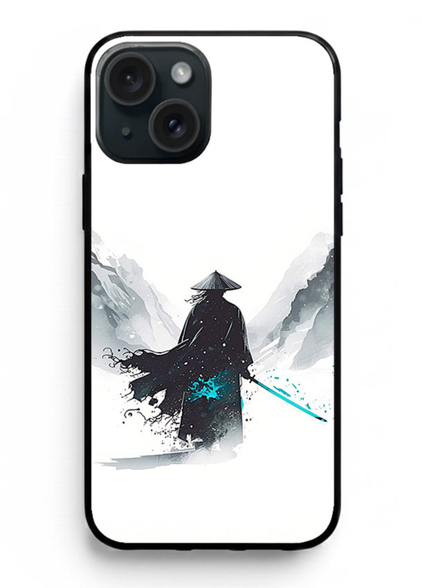 samurai snow blade white blue art iphone 13 glass cover winter warrior case