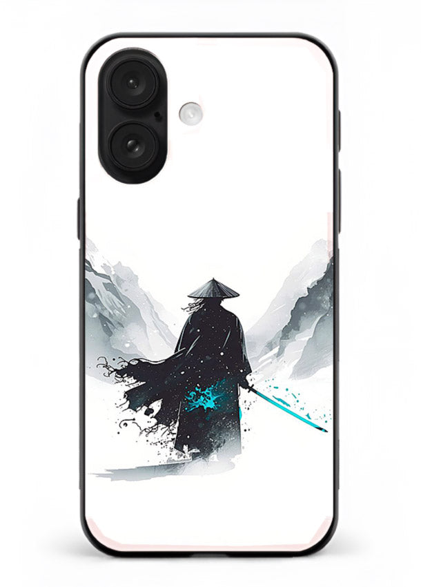 samurai snow blade white blue art iphone 16 glass cover winter warrior case