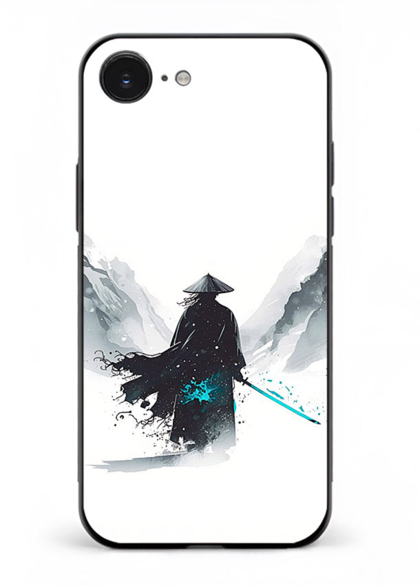 samurai snow blade white blue art iphone 16e glass cover winter warrior case