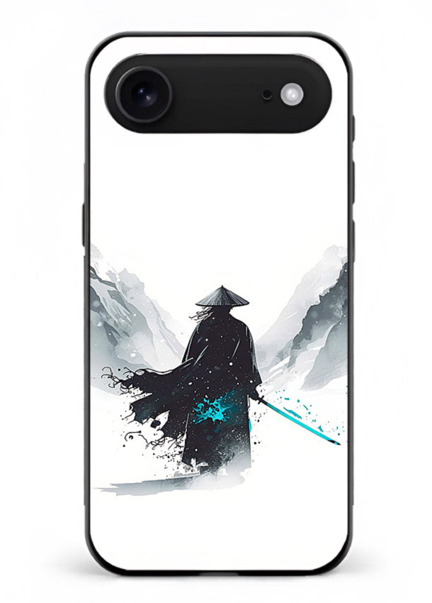 samurai snow blade white blue art iphone 17 air glass cover winter warrior case