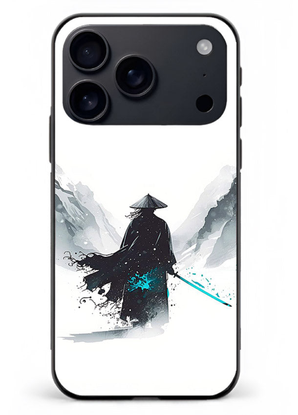 samurai snow blade white blue art iphone 18 pro max glass cover winter warrior case