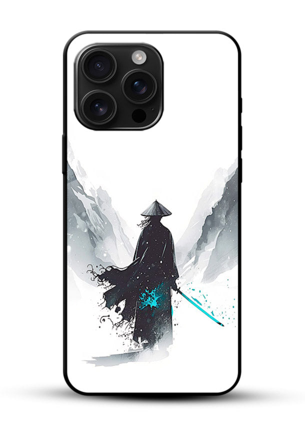 samurai snow blade white blue art glossy vibrant premium glass cover winter warrior case - Angle Front