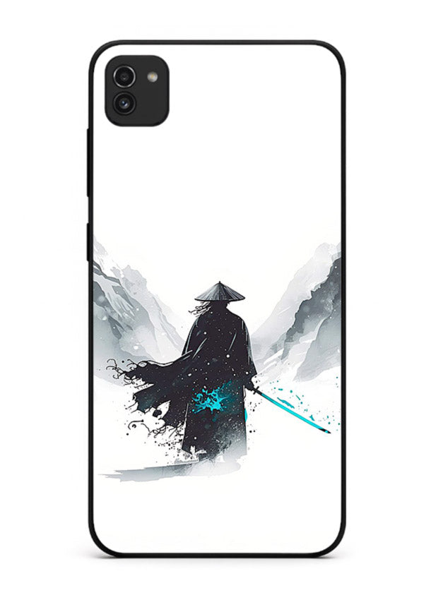 samurai snow blade white blue art Samsung A03 glass cover winter warrior case