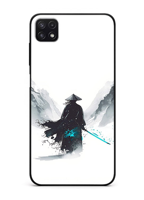 samurai snow blade white blue art Samsung A22 5G glass cover winter warrior case